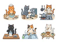 Cats cooking and preparing food in kitchen, baking pastries, using stove and utensils. Isolated clipart set on white background for design, t-shirts, and creative projects.