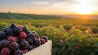 Fresh blackberries in wooden basket at vineyard during golden hour sunset with agricultural landscape background for organic farming concepts.