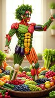 Creative vegetable superhero figure made from fresh produce standing among colorful fruits and vegetables in kitchen setting for healthy eating campaigns.