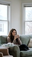 Young woman with long dark wavy hair and olive complexion sitting on green sofa near bright windows, holding tissue to face, appearing unwell or emotional. Suitable for health, wellness, mental health, and lifestyle content.