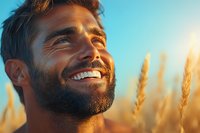 Bearded Caucasian man with bright smile looking up at sunset in wheat field, radiating joy and optimism. Golden hour lighting creates warm atmospheric mood.