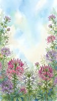 Watercolor floral frame with purple cleome flowers and green foliage on soft blue background for spring greeting cards and botanical designs.
