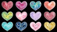 Watercolor hearts collection with floral and celestial patterns, isolated on transparent background. Great for stickers, t-shirt design, print on demand, and sublimation crafts.