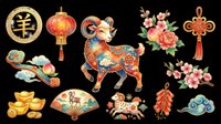 Colorful Chinese New Year decorative elements including lucky coins, lanterns, ornamental dog figurine, floral arrangements, gold ingots, fan, firecrackers, and cloud motifs isolated on transparent background for t-shirt design, clipart, stickers, and print-on-demand projects.