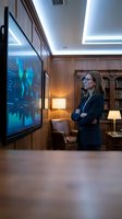 Professional businesswoman analyzing financial data on large monitor in modern executive office with arms crossed and focused expression.