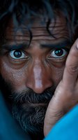 Close-up portrait of a bearded man with intense blue-lit eyes and dark curly hair against dramatic shadows, expressing deep emotion and vulnerability.