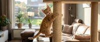 Ginger tabby cat climbing and scratching on rope-wrapped post in modern living room with natural light, comfortable furniture and potted plants nearby.