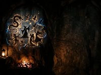 Medusa sculpture illuminated by firelight inside a dark cave chamber, with glowing blue mystical energy surrounding the stone artwork and warm flames casting dramatic shadows on ancient rocky walls.
