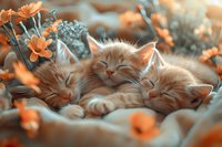Adorable ginger kittens sleeping together among orange wildflowers in dreamy soft focus. Perfect for greeting cards, social media, or pet care advertising.