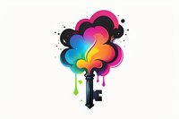 Vintage key silhouette with rainbow colored cloud shapes and dripping paint effect creates surreal artistic composition on white background, ready for design projects.