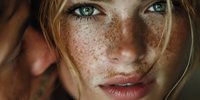 Young blonde woman with freckles and striking blue eyes looking directly at camera. Natural beauty portrait with soft lighting for skincare and cosmetics.