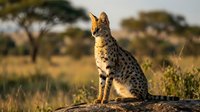 Wild serval cat sitting on rock in African savanna during golden hour sunset with acacia trees in background for wildlife photography and nature content.