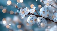 Delicate white cherry blossoms with decorative blue Christmas baubles on branch against blurred bokeh background, creating magical winter holiday atmosphere.