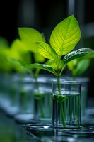 Fresh green plant growing in glass of water against dark background, showing new life and growth concept for environmental sustainability and research.