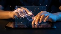 Hands touching glowing DNA double helix hologram above tablet screen representing genetic research, biotechnology innovation and medical science advancement.