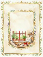 Watercolor rustic kitchen scene with herbs, rolling pin and vegetables framed by golden botanical border, blank space for recipe text or invitation.