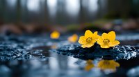 Yellow marsh marigold flowers floating on dark water surface with reflection, moody nature photography in forest setting with soft bokeh background.