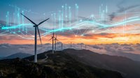 Wind turbines on mountain ridge at sunset with digital network overlay representing renewable energy data analytics and smart grid technology.