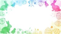 Watercolor Easter frame with pastel rabbits, decorated eggs and spring elements on white background for greeting cards, invitations and seasonal designs.