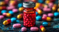 Medical glass vial with red pills and scattered colorful medicine tablets on dark background, pharmaceutical and healthcare concept, macro photography.