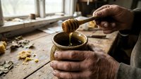 Elderly hands drizzling golden honey from wooden dipper into ceramic bowl on rustic wooden table. Natural sweetener preparation in cozy kitchen setting.
