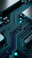 Futuristic circuit board with glowing cyan traces and electronic components for technology and innovation concepts in digital design projects.