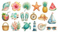 Tropical summer vacation elements collection with colorful hand-drawn illustrations including fruits, sea creatures, travel accessories and beach items isolated on white background for design projects.