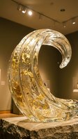 Contemporary glass wave sculpture with golden accents displayed in modern gallery setting with track lighting and neutral walls.