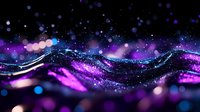 Glowing abstract waves with purple and blue bokeh lights on black background create magical cosmic atmosphere for luxury design projects.