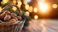 Woven basket filled with walnuts and pine branches against warm bokeh lights background, festive winter holiday composition on rustic wooden table.