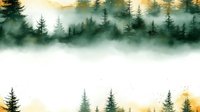 Atmospheric watercolor forest landscape with pine trees in morning fog and golden sunrise sky, creating mystical woodland scenery in green and yellow tones.