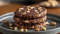 Stack of homemade chocolate cookies with crushed peanuts on dark plate, selective focus on crunchy nutty dessert treats, close up food photography.