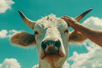 Close up portrait of white cow face with horns against turquoise sky with fluffy clouds, showing curious expression and wet nose, farm animal photography.
