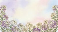 Watercolor floral border with purple and white wildflowers on soft pastel background for spring wedding invitations and romantic designs.