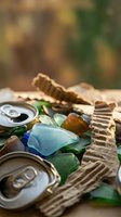 Colorful sea glass pieces and aluminum cans scattered on weathered wooden surface with natural bokeh background for recycling and environmental concepts.