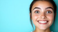 Young woman with radiant smile and natural makeup against turquoise background, expressing joy and confidence. Close up portrait showing white teeth and glowing skin.