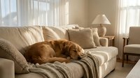 Golden retriever resting on cream-colored sofa in bright, sunlit living room with neutral furnishings and natural light from windows.