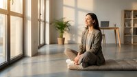 Young Asian businesswoman in suit meditating on yoga mat by office window with natural sunlight streaming in, promoting workplace wellness and mindfulness.