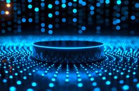 Glowing blue circular platform surrounded by illuminated dots creating futuristic display stage with bokeh light effects in dark background.