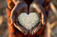 Cupped hands holding heart-shaped white rice grains symbolizing food security, love and care for nutrition, against warm sunlit background.