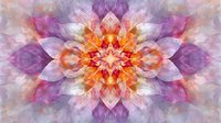 Vibrant kaleidoscopic floral mandala in purple, orange and pink hues creates mesmerizing symmetrical pattern with soft watercolor texture and radial composition.