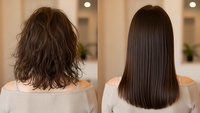 Hair transformation before and after keratin treatment showing frizzy curly hair becoming smooth straight sleek brunette locks in salon setting.