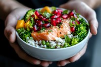 Fresh salmon poke bowl with rice, broccoli, mango, pomegranate seeds and mixed greens served in white ceramic bowl, held in hands for food photography.