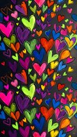 Vibrant hand-drawn hearts in rainbow colors on dark background. Colorful love symbols pattern for Valentine's Day, romance designs, greeting cards, wallpapers.