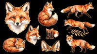 Watercolor fox illustrations in various poses and angles, isolated on transparent background. Ready for t-shirt design, clipart, stickers, sublimation, print-on-demand products and digital crafts.