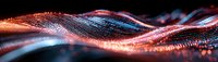 Abstract glowing red and blue wave pattern with shimmering particles flowing in dark space, creating dynamic light trails and bokeh effects for technology backgrounds.