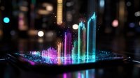 Holographic data visualization with colorful bar charts emerging from smartphone screen showing business analytics and financial growth statistics.