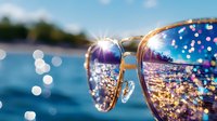 Sparkling water reflections through sunglasses lens with bokeh lights and sun flare create dreamy summer atmosphere at lake or ocean view. Creative photography.