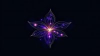 Glowing magical flower with six pointed petals in purple and pink neon colors on black background, mystical star shape with light effects and sparkles.