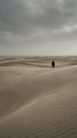 Lone traveler walking across vast sand dunes under dramatic stormy sky. Solitude and adventure concept for travel and exploration themes.